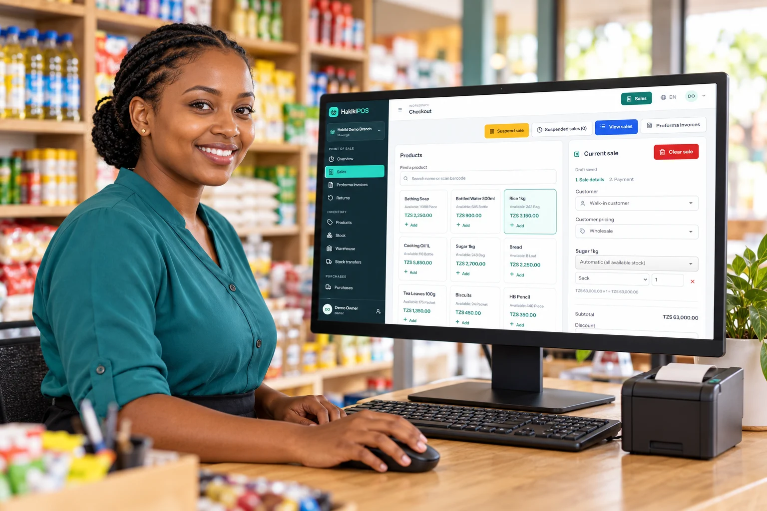 Cashier using HakikiPOS at a shop counter, with the supplied checkout screen on the computer
